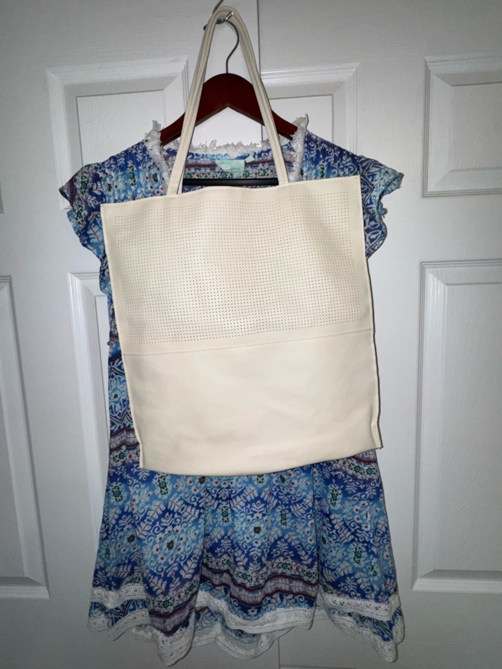 Saks Fifth Avenue Cream Perforated Tote Bag | Minimalist Faux Leather Shopper